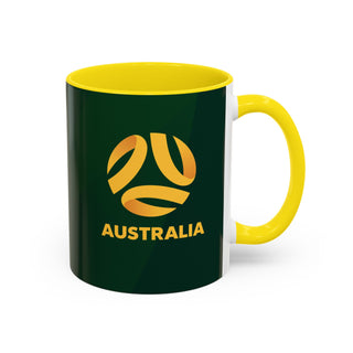 Australia Soccer Logo Accent Coffee Mug | Yellow Handle, Green Exterior