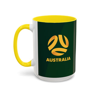 Australia Soccer Logo Accent Coffee Mug | Yellow Handle, Green Exterior