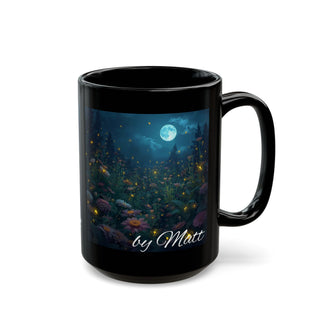 Moonlit Garden Black Mug, Floral Decor, Night Scene, Coffee Lover Gift, Cozy Vibes, Home Decor