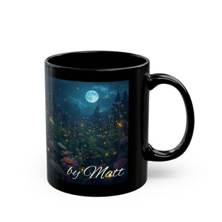Moonlit Garden Black Mug, Floral Decor, Night Scene, Coffee Lover Gift, Cozy Vibes, Home Decor