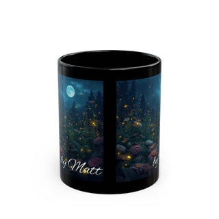 Moonlit Garden Black Mug, Floral Decor, Night Scene, Coffee Lover Gift, Cozy Vibes, Home Decor