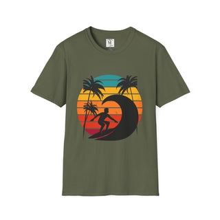 Surfing Sunset Unisex Softstyle T-Shirt, Summer Beach Tee, Casual Wear, Gifts for Surfers, Vacation Outfit