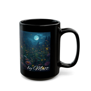Moonlit Garden Black Mug, Floral Decor, Night Scene, Coffee Lover Gift, Cozy Vibes, Home Decor