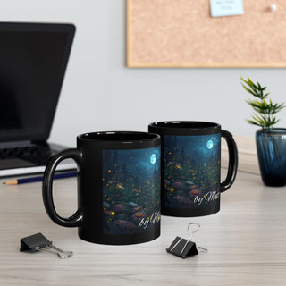 Moonlit Garden Black Mug, Floral Decor, Night Scene, Coffee Lover Gift, Cozy Vibes, Home Decor